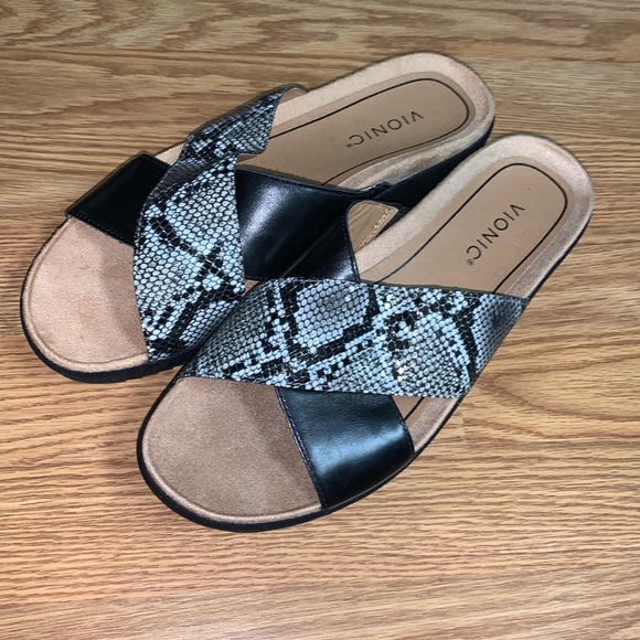 Vionic leather snake print strap sandals qvc slip on shoes - Picture 1 of 4